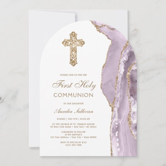Dusty Lilac Agate First Communion Invitation (Devant)
