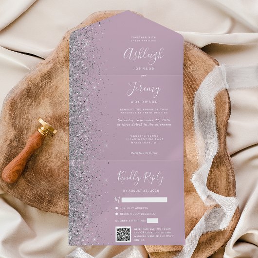 Dusty Lilac Silver Glitter QR Code Wedding All In One Uitnodiging