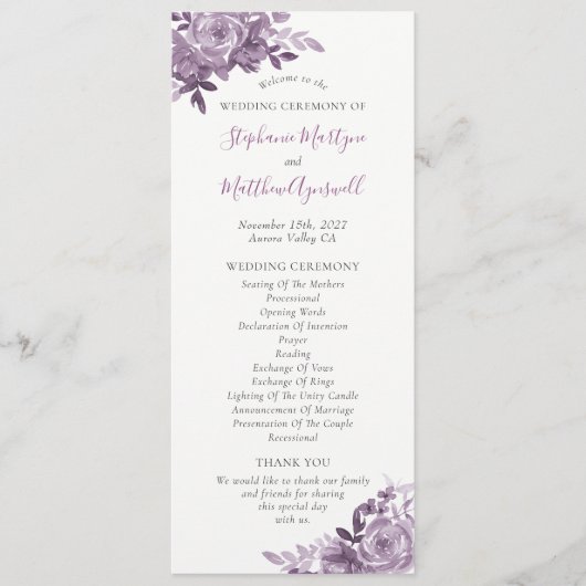Dusty Mauve Bloemen Rozen Waterverf Bruiloft Programma (Voorkant)