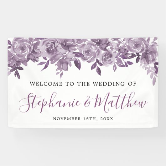 Dusty Mauve Bloemen Rozen Waterverf Bruiloft Spandoek (Horizontaal)