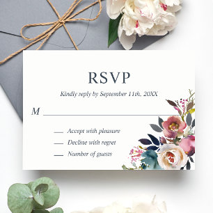 Dusty Mauve Blue Waterverf Floral RSVP Wedding