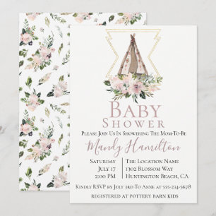 Dusty Mauve Botanical Boho Baby shower Invitation Kaart
