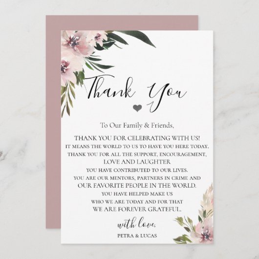 Dusty Mauve Floral Mariage Merci de réception (Devant / Derrière)
