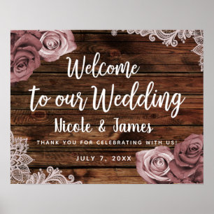 Dusty Mauve Floral Rozen Rustic Wood Wedding Poster