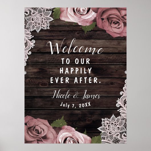 Dusty Mauve Floral Rozen Rustic Wood Wedding Poster (Voorkant)