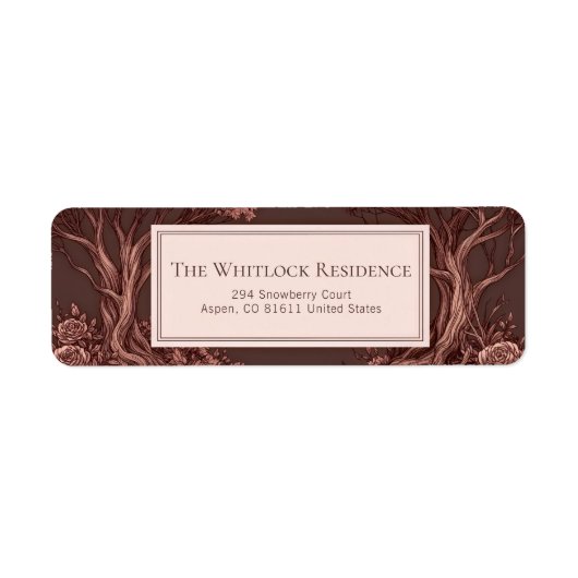 Dusty Mauve Gnarled Tree Engraved Rose Etiket (Voorkant)