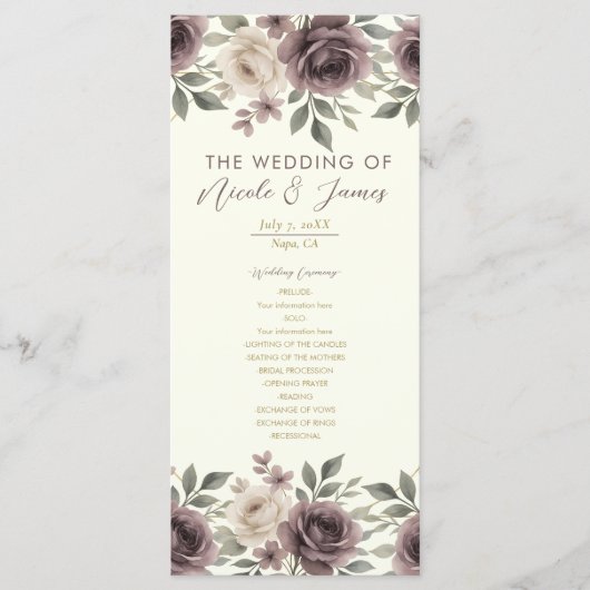 Dusty Mauve Ivory Bloom Botanical Wedding Program Menu (Voorkant)