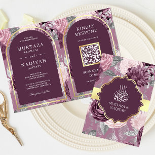 Dusty Mauve Paarse Bloemen QR Code Moslim Bruiloft