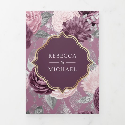 Dusty Mauve Paarse Bloemenboog QR Code Bruiloft Drieluik Uitnodiging (Cover)
