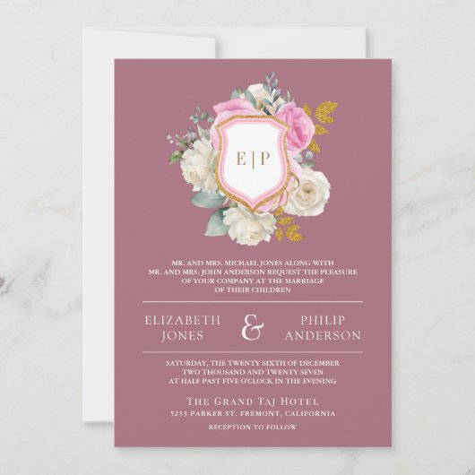 Dusty Mauve Roze Bloemen QR Code Crest Wedding Kaart (Voorkant)