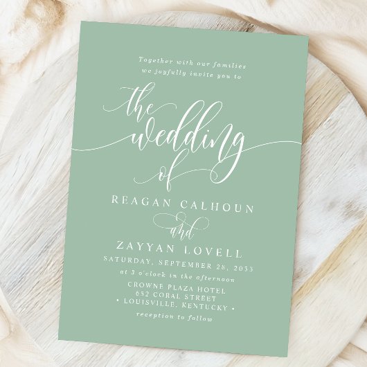 Dusty Mint Simple Modern Script Wedding Kaart