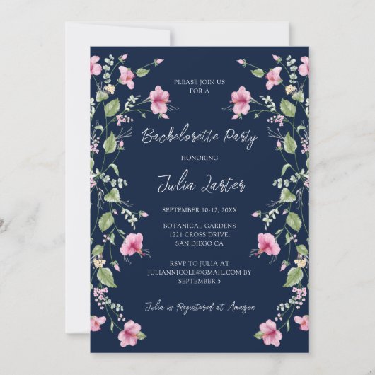 Dusty Navy Blauw Roze Hibiscus Bachelorette Party Kaart (Voorkant)