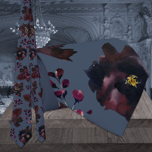 Dusty Navy Blue Burgundy Bordeaux Floral Wedding Stropdas