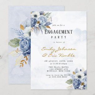 Dusty Navy Blue Gold Peony Engagement Party Invita Kaart