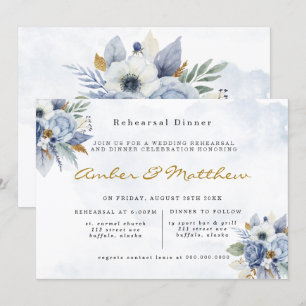 Dusty Navy Blue Gold Peony Rehearsal Dinner Invita Kaart