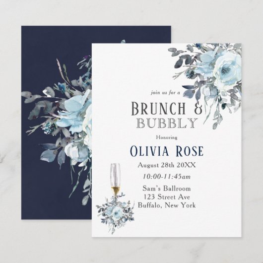 Dusty Navy Blue Peony Brunch & Bubble Invitation Kaart (Voorkant / Achterkant)