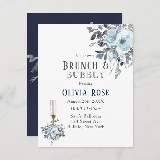 Dusty Navy Blue Peony Brunch & Bubbly Invitation (Devant / Derrière)
