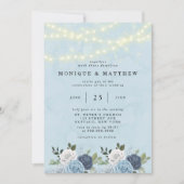 Dusty Navy Blue Peony Country Lights Wedding Kaart (Voorkant)