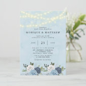 Dusty Navy Blue Peony Country Lights Wedding Kaart (Staand voorkant)