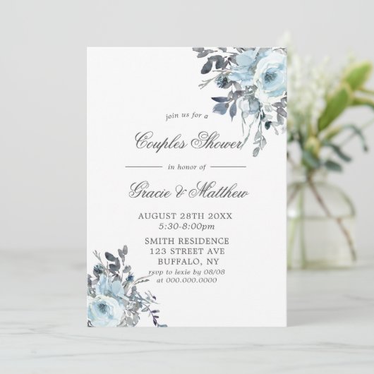 Dusty Navy Blue Peony Couples Invitations de douch (Debout devant)