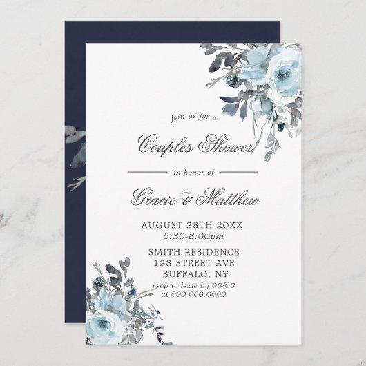 Dusty Navy Blue Peony Couples Shower Invitations (Voorkant / Achterkant)