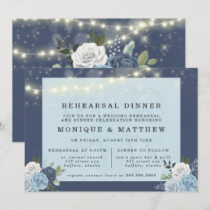 Dusty Navy Blue Peony Lights Rehearsal Dinner Kaart