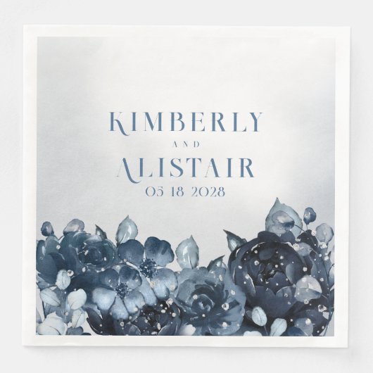 Dusty Navy Blue Peony Wedding Paper Dinner Napkins Servet (Voorkant)