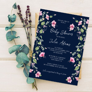 Dusty Navy Blue Pink Hibiscus Bloom Baby shower Kaart