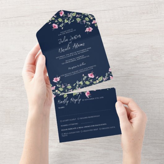 Dusty Navy Blue Pink Hibiscus Bloom Wedding Shower All In One Uitnodiging