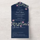 Dusty Navy Blue Pink Hibiscus Bloom Wedding Shower All In One Uitnodiging
