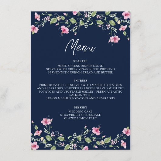 Dusty Navy Blue Pink Hibiscus Bloom Wedding Shower Menu (Voorkant)