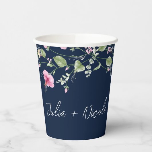 Dusty Navy Blue Pink Hibiscus Bloom Wedding Shower Papieren Bekers (Links)