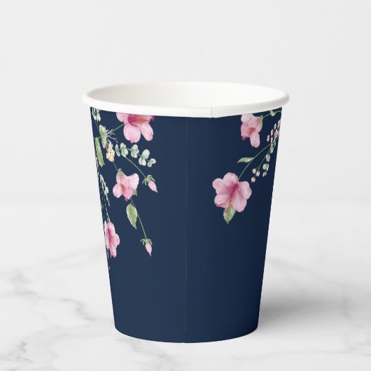 Dusty Navy Blue Pink Hibiscus Bloom Wedding Shower Papieren Bekers (Rechts)