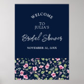 Dusty Navy Blue Pink Hibiscus Bloom Wedding Shower Poster (Voorkant)