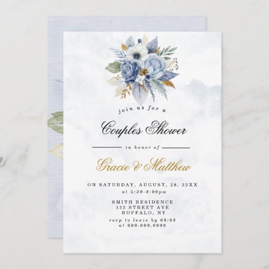 Dusty Navy Gold Peony Chic Couples Shower Invites (Voorkant / Achterkant)