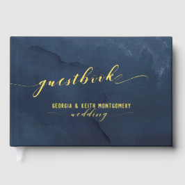 Dusty Navy Waterverf Gold Script Elegant Wedding Gastenboek