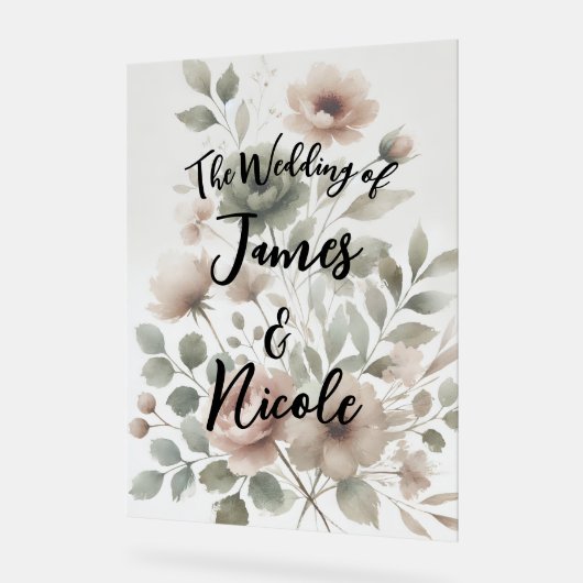 Dusty Olive Pink & Gold Waterverf Bloemen Huwelijk Acryl Bord (Hoek)