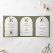 Dusty Olive Pink & Gold Waterverf Bloemen Huwelijk Drieluik Uitnodiging (Binnen)