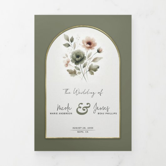 Dusty Olive Pink & Gold Waterverf Bloemen Huwelijk Drieluik Uitnodiging (Cover)