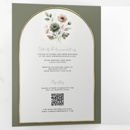 Dusty Olive Pink & Gold Waterverf Bloemen Huwelijk Drieluik Uitnodiging (Binnenzijde eerst)