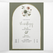 Dusty Olive Pink & Gold Waterverf Bloemen Huwelijk Drieluik Uitnodiging (Binnenkant midden)