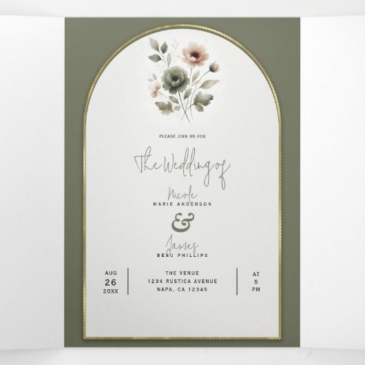 Dusty Olive Pink & Gold Waterverf Bloemen Huwelijk Drieluik Uitnodiging (Binnenkant midden)