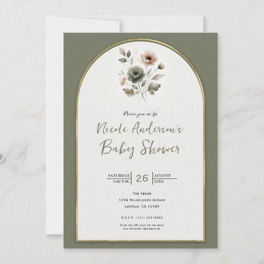 Dusty Olive & Pink Waterverf Floral Baby shower Kaart (Voorkant)