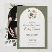 Dusty Olive & Pink Waterverf Floral Baby shower Kaart (Voorkant / Achterkant)