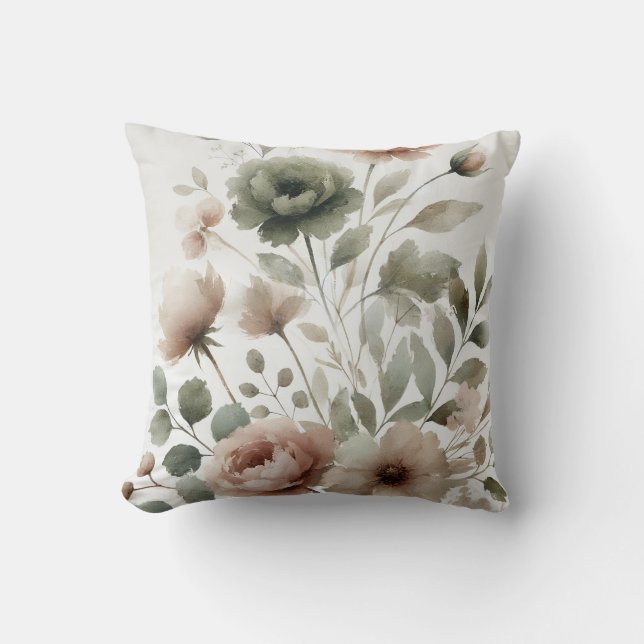 Dusty Olive & Pink Waterverf Modern Floral Kussen (Voorkant)