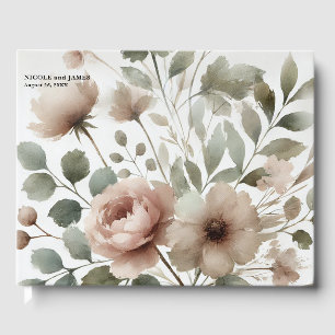 Dusty Olive & Roze Waterverf Bloemen Huwelijk Gastenboek