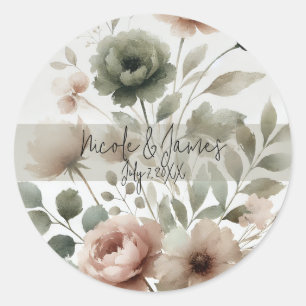 Dusty Olive & Roze Waterverf Bloemen Huwelijk Ronde Sticker