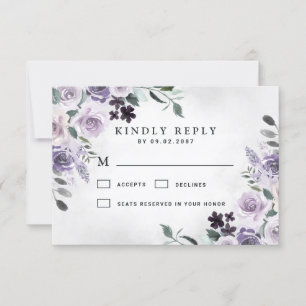 Dusty Paars en Silver Grey Floral Rustic Wedding RSVP Kaartje