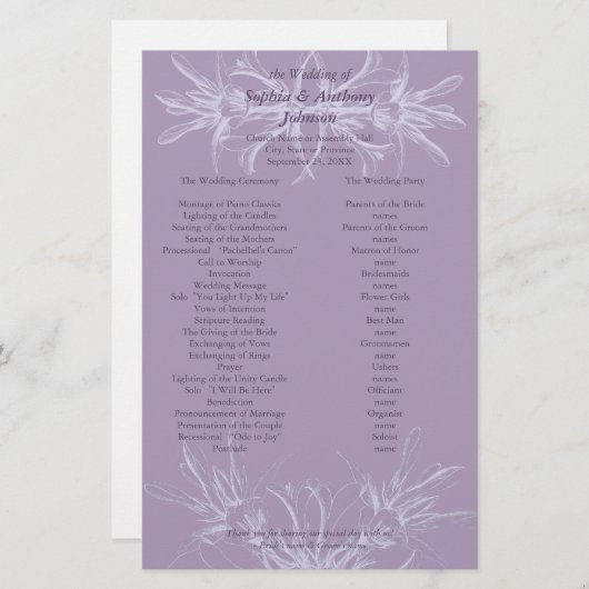 Dusty Paars Floral Wedding Programme (Voorkant / Achterkant)