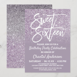 Dusty Paars Gray Faux Glitter Ombre Sweet Sixteen Kaart